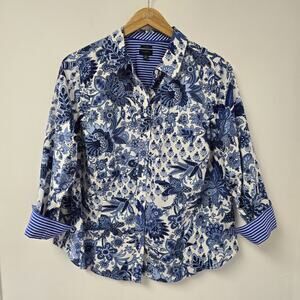 Talbots Shirt 18W Blue Foral Button Down Contrast Stripe Cuff Preppy No Iron